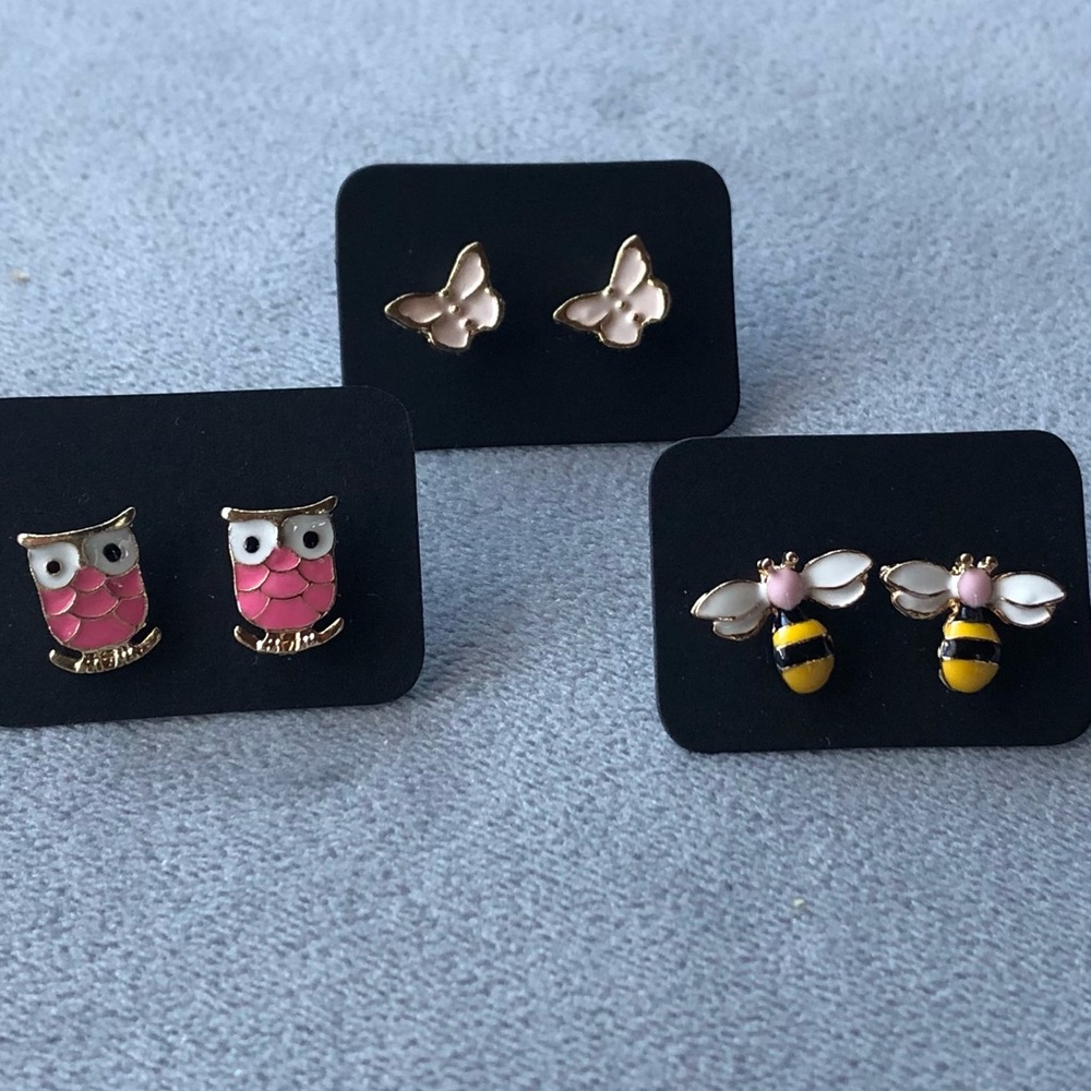 Set of 3 ~ Earrings ~ Fun Gold-Tone ~ Owl Bumblebee Butterfly ~ New!